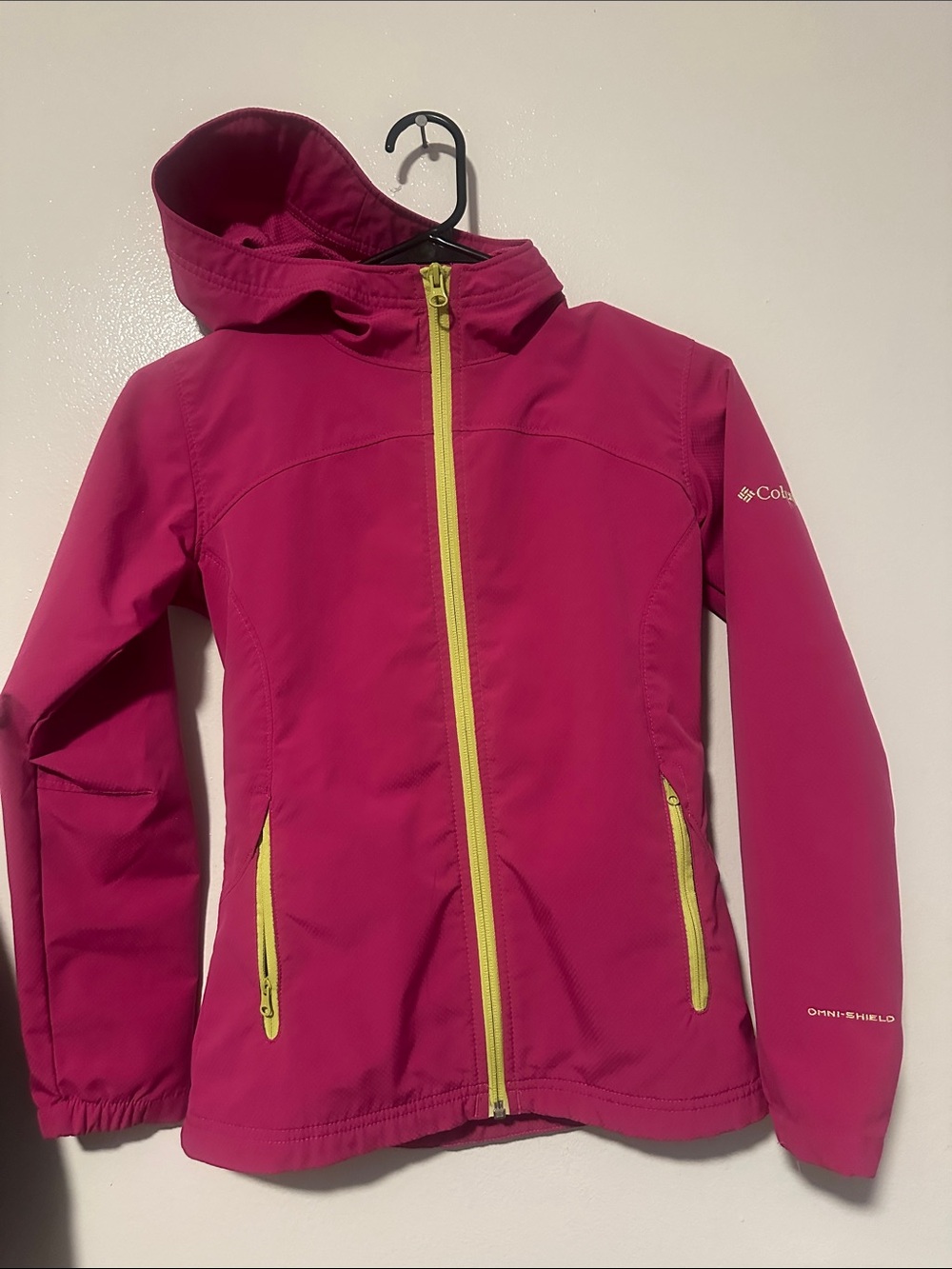 Columbia Girls' Bright Pink Hooded Rain Jacket with Yellow Zippers